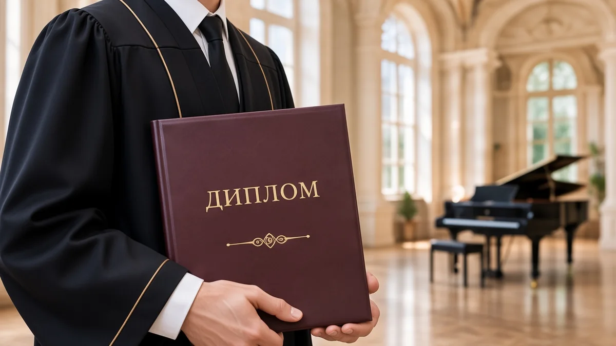 Диплом музыкального образования на фоне рояля